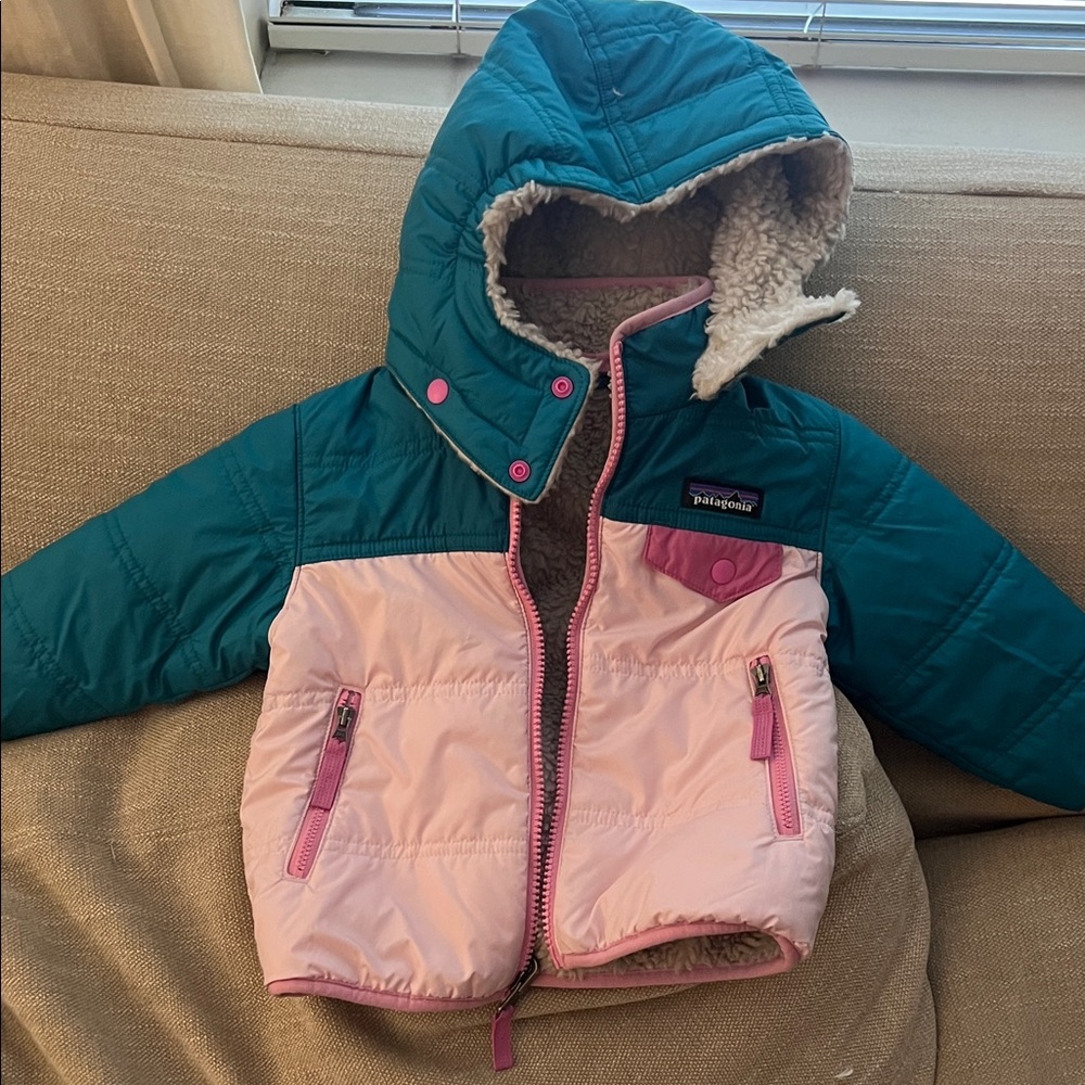 Patagonia Teal and Pink Reversable Fleece-Lined Jacket